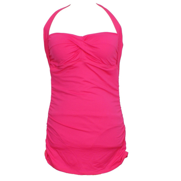 Pink Ruched Halter Slimming Fit Swimdress 14